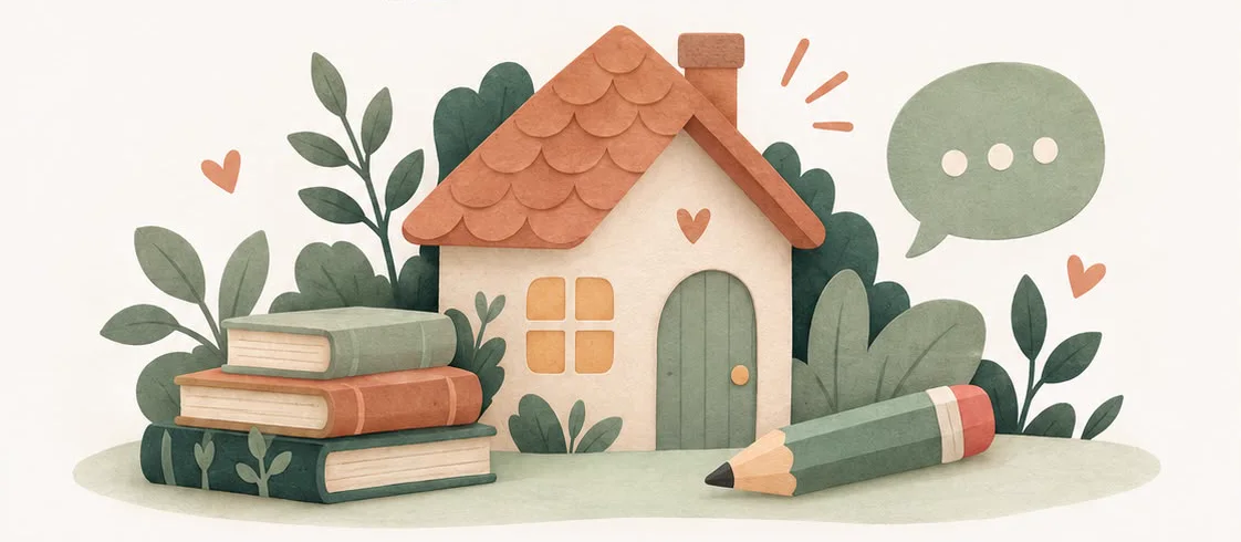 Ilustración de una casa rodeada de plantas, con libros, un lápiz y un globo de conversación