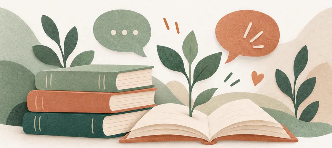 Ilustración de libros apilados, un libro abierto del que crece una planta y globos de conversación
